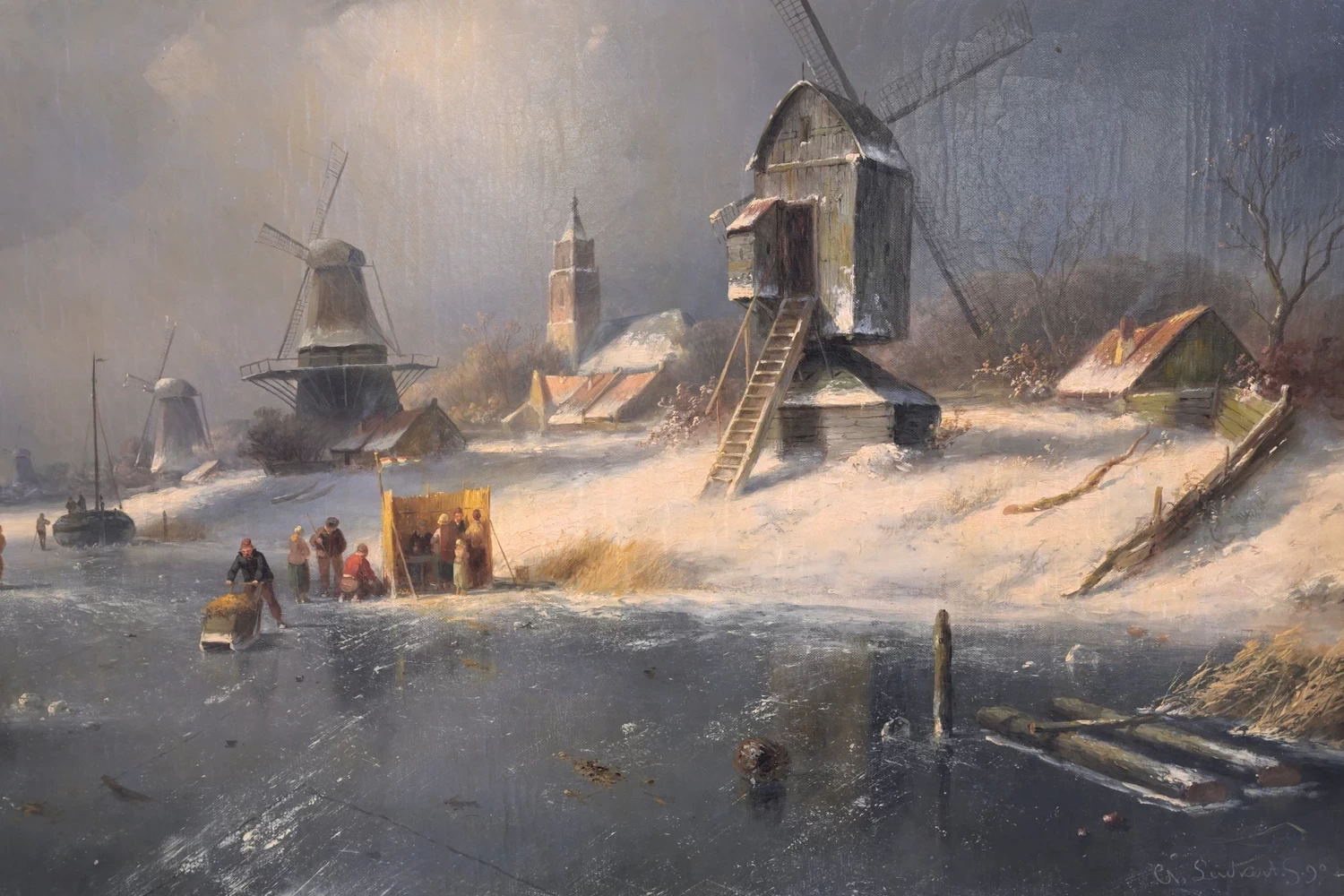 Charles Leickert - Paesaggio invernale con pattinatori sul ghiaccio e un koek, en, zopie vicino al villaggio